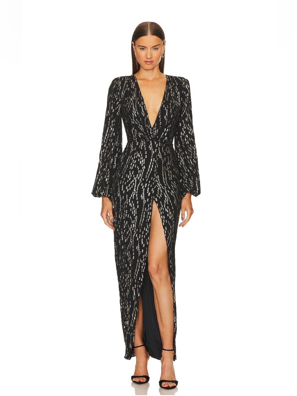 Michael Costello x Revolve Oberon Gown Black Silver Plunge V-Neck Long Sleeve